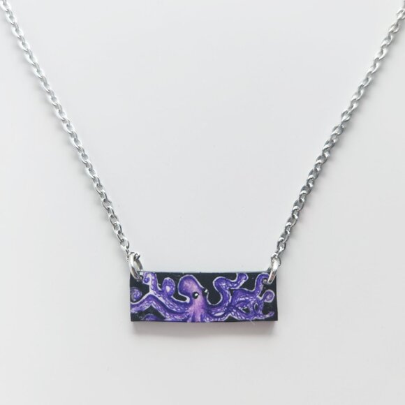 Weirdcore cute octopus rectangle pendant on a small silver chain necklace - Picture 3 of 7